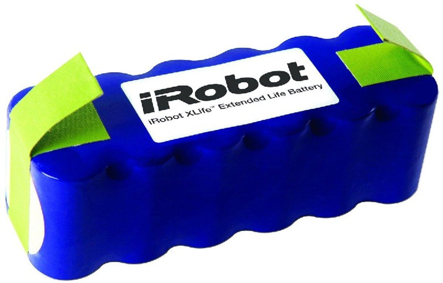 Niebieska bateria iRobot XLife Extended Life z zielonymi zakładkami na białej powierzchni.