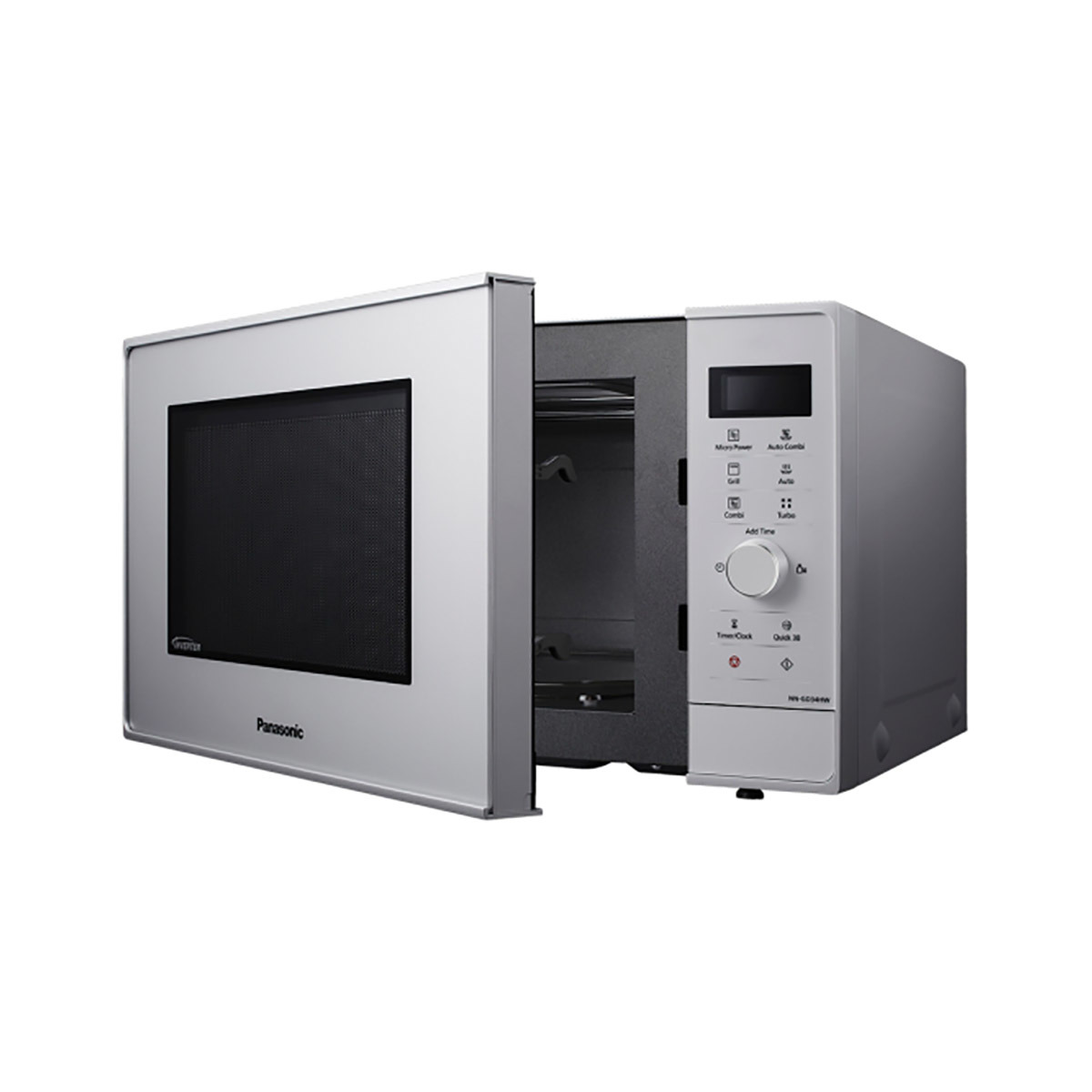 Srebrna kuchenka mikrofalowa z otwartymi drzwiami, pokazująca wnętrze, z panelem sterowania po prawej stronie.