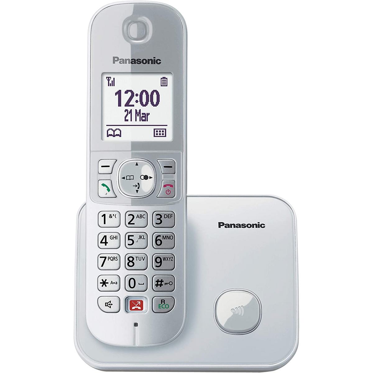 Telefono cordless Panasonic bianco con display che mostra ora e data.