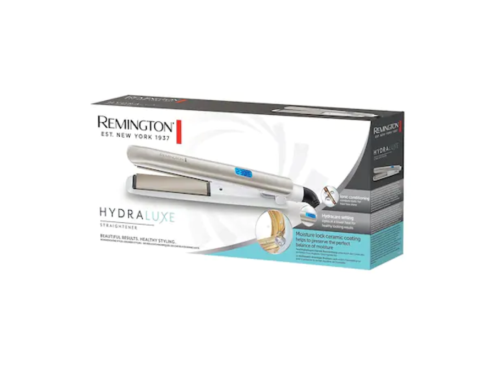 Pudełko z prostownicą do włosów. Tekst na pudełku: prostownica Remington HydraLuxe.