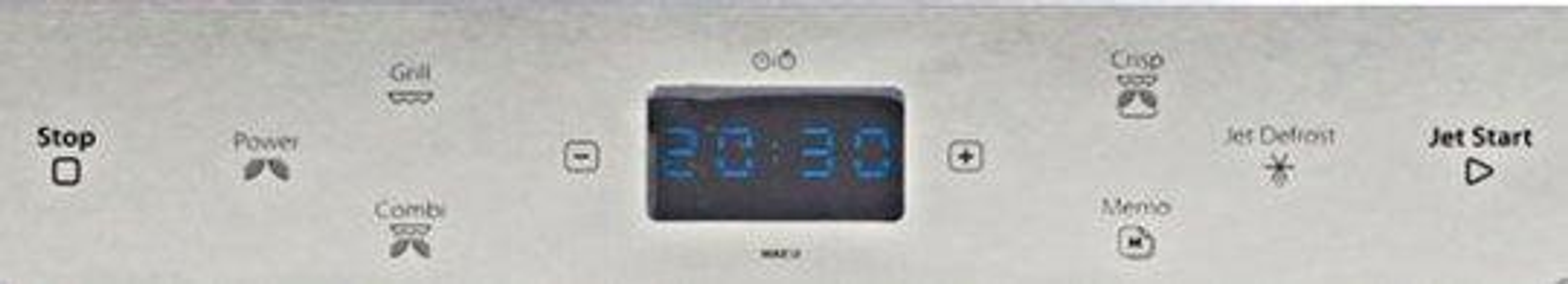 Panel de microondas con botones: Stop, Power, Grill, Combi y pantalla digital.