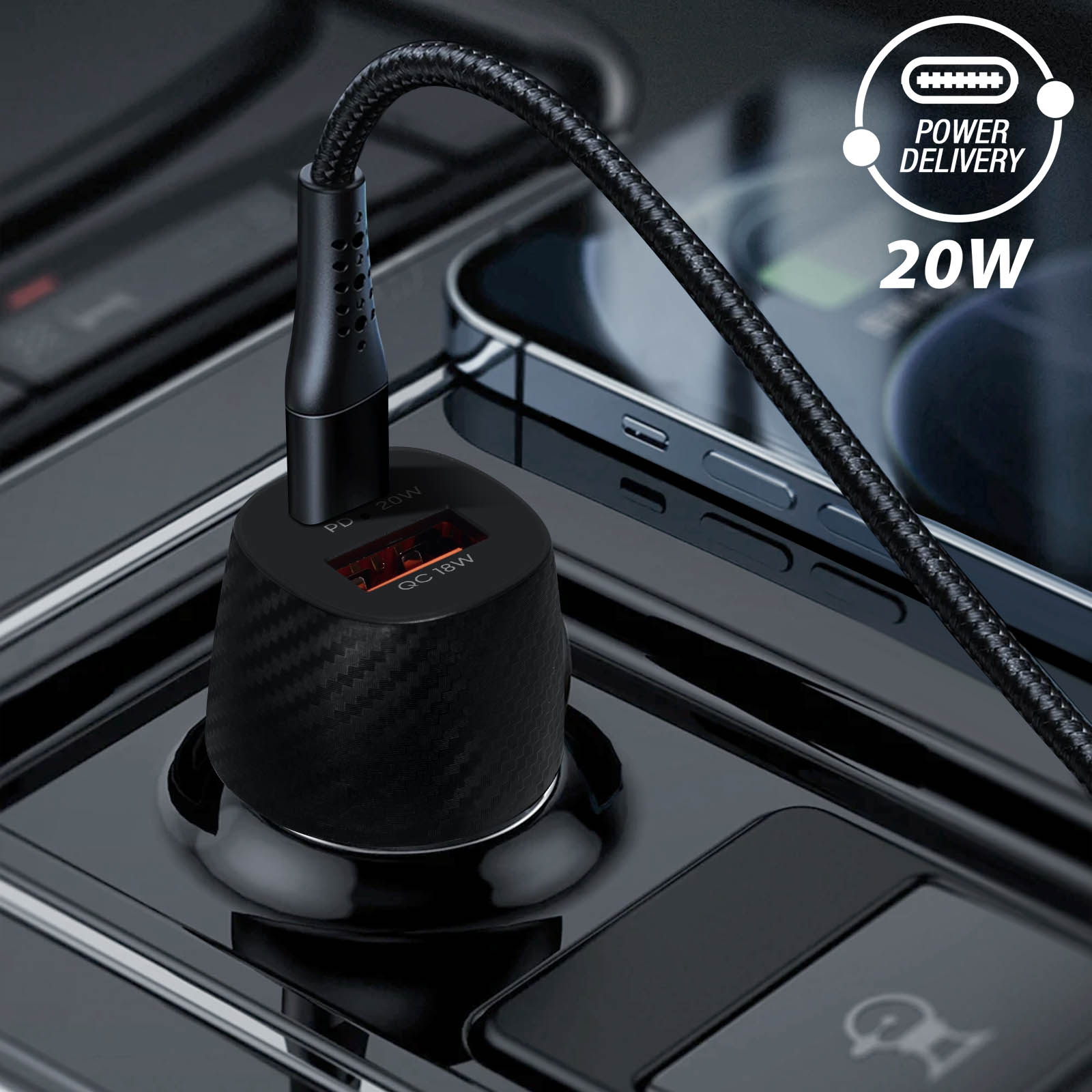 Schwarzes Autoladegerät mit USB-C-Kabel, das mit einem Telefon verbunden ist, 20W.