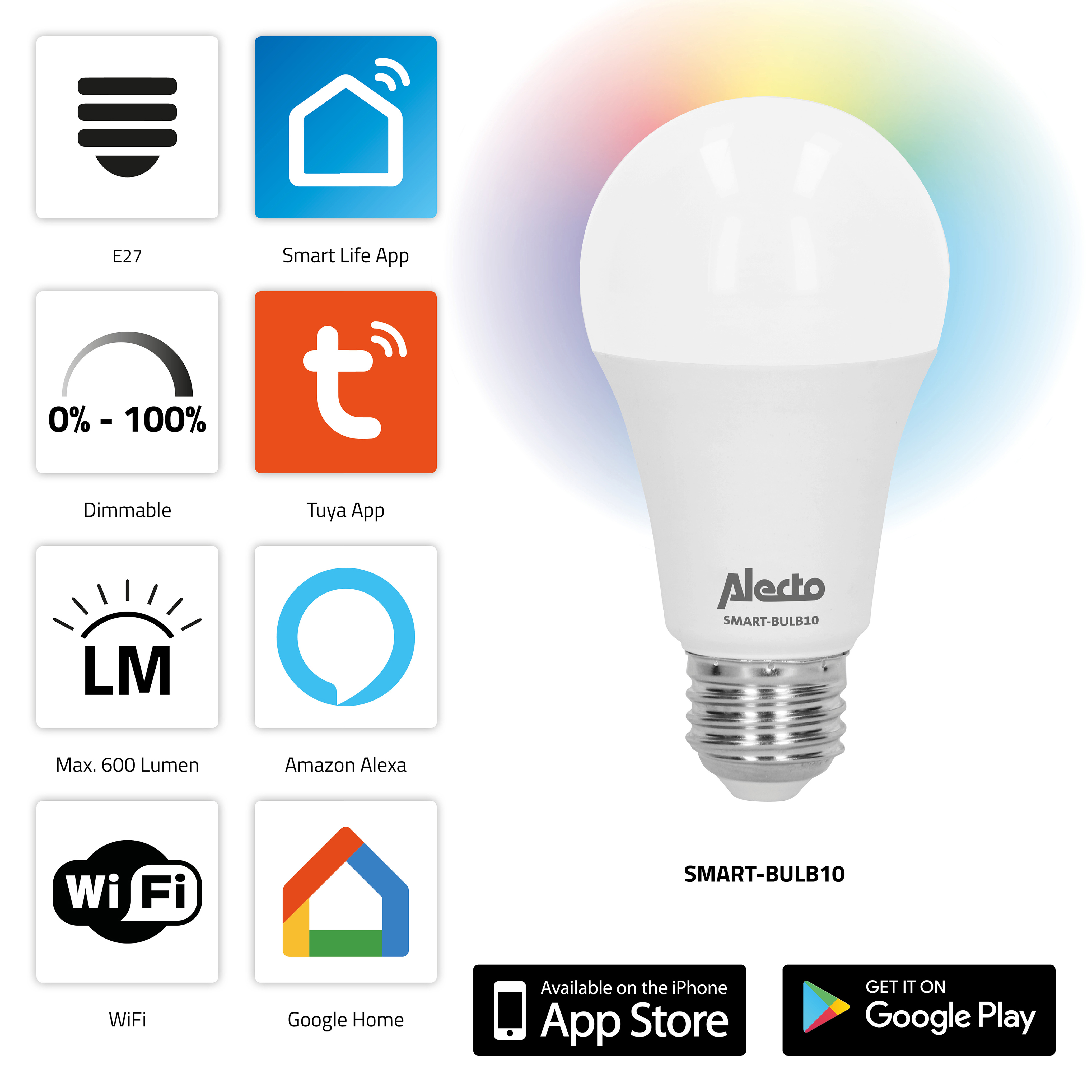 Weiß,Neutrales Weiß,RGB,Sehr SMART-BULB10 ALECTO Weiß - Kaltes warmes smarte,mehrfarbige Pack 4er 4-PACK Weiß,Warmes WLAN-LED-Glühlampen mit E27-Sockel