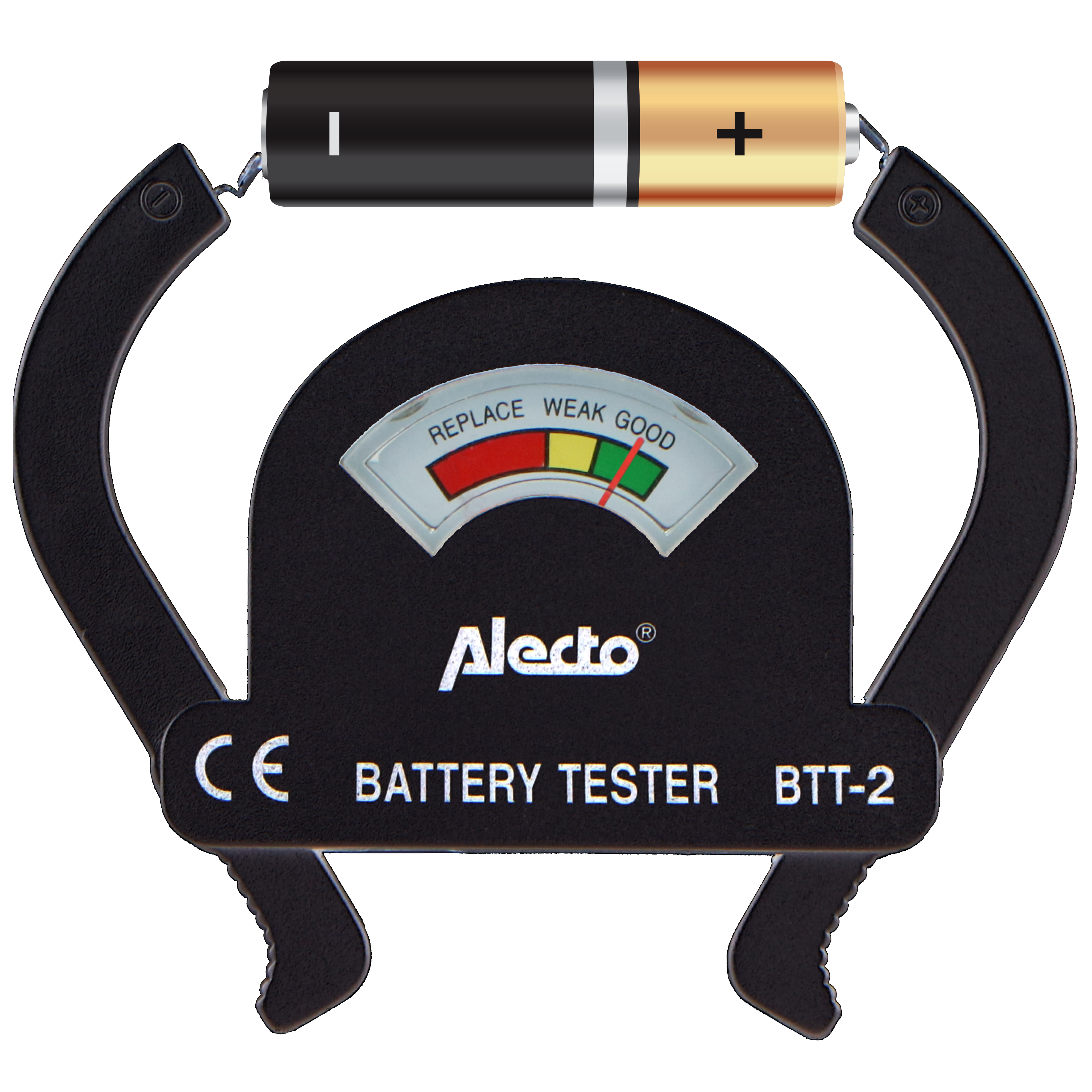 Batterietester mit Batterie und Anzeige. Schwarz-rotes Farbschema. Weißer Hintergrund.