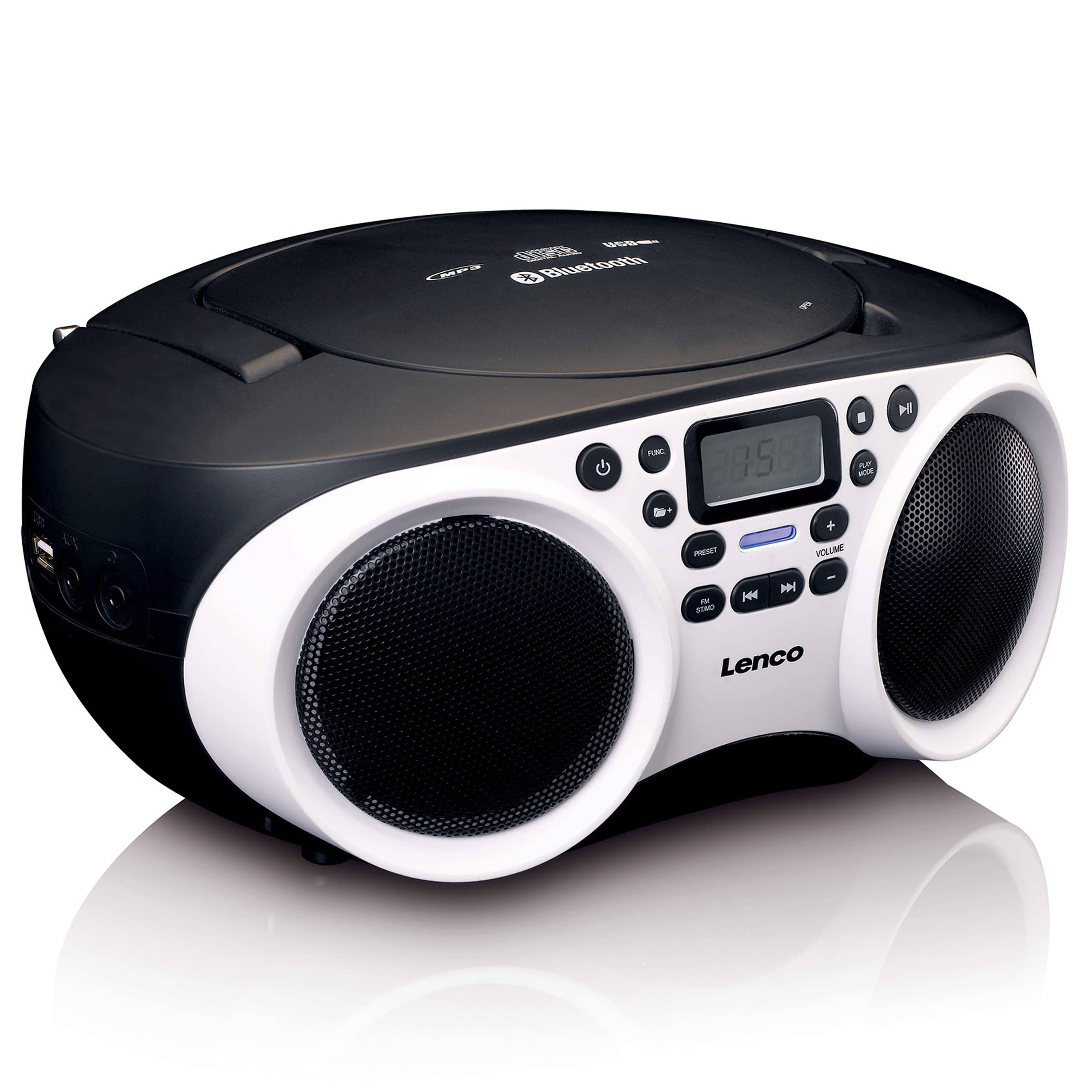 Schwarz-weiße Lenco Boombox mit CD-Player und Bluetooth. Knöpfe und Lautsprecher sichtbar.