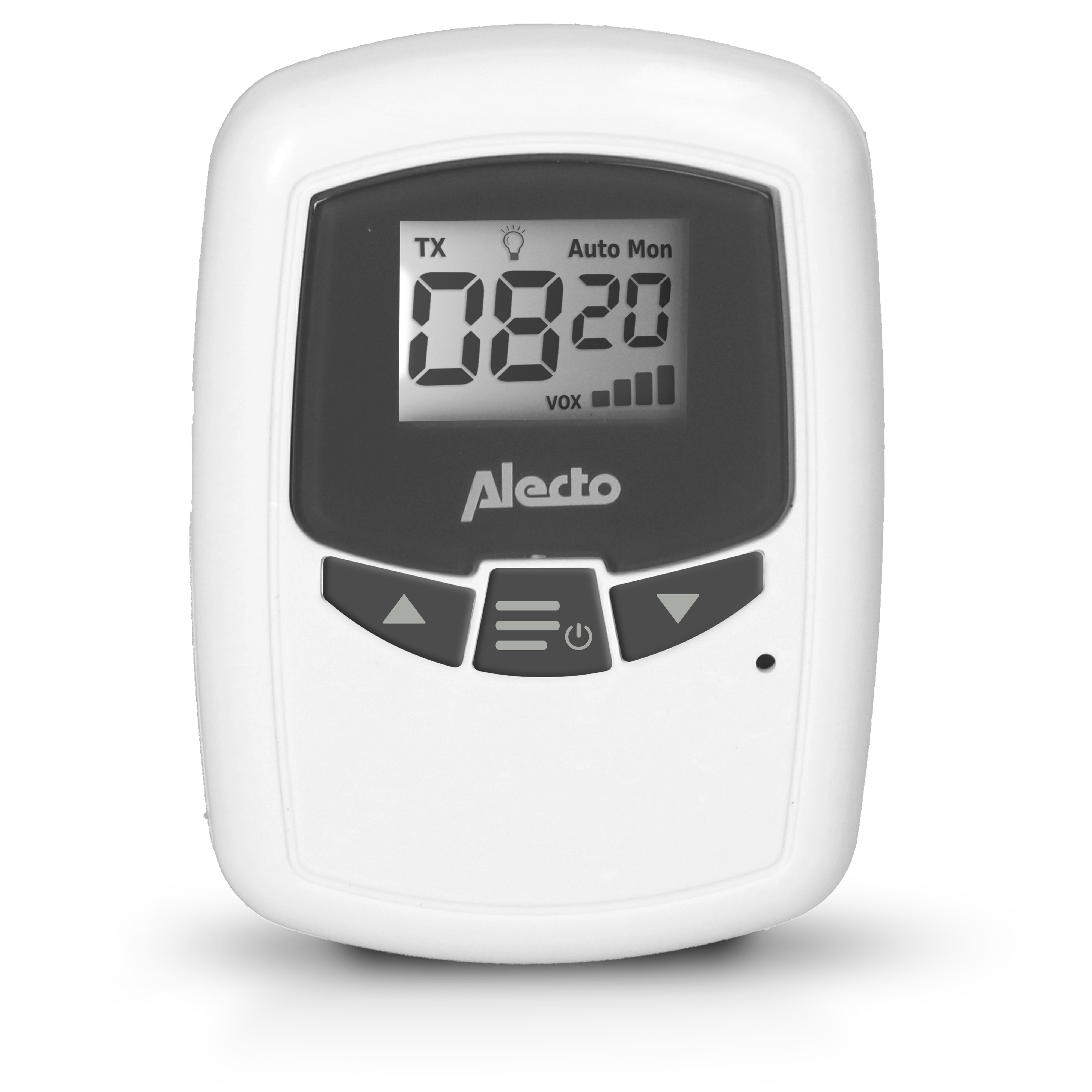 White baby monitor with a display showing time and sound level, and control buttons.