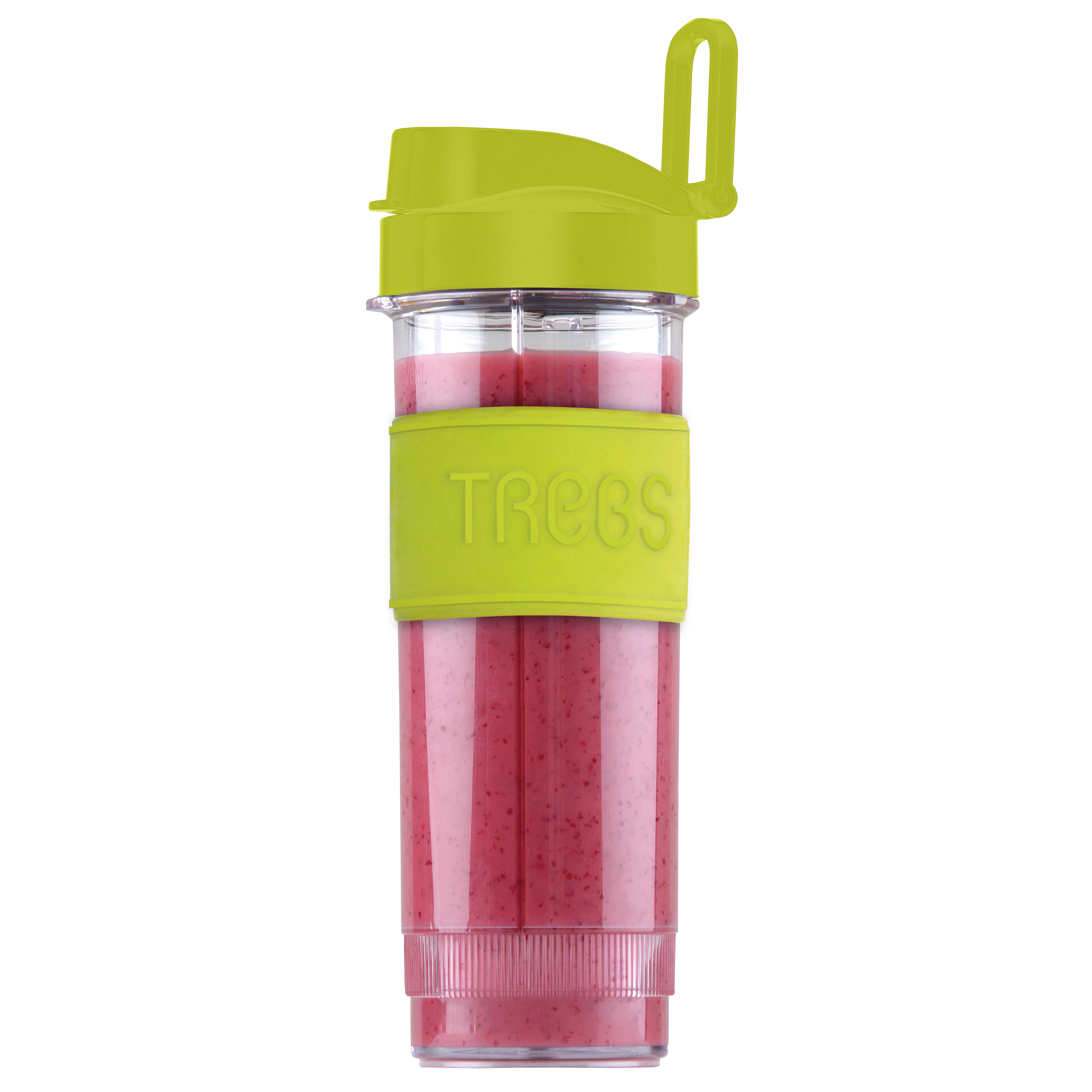 Frullatore per smoothie verde e trasparente. Frullato rosa all'interno. Coperchio e fascia verdi con testo bianco.