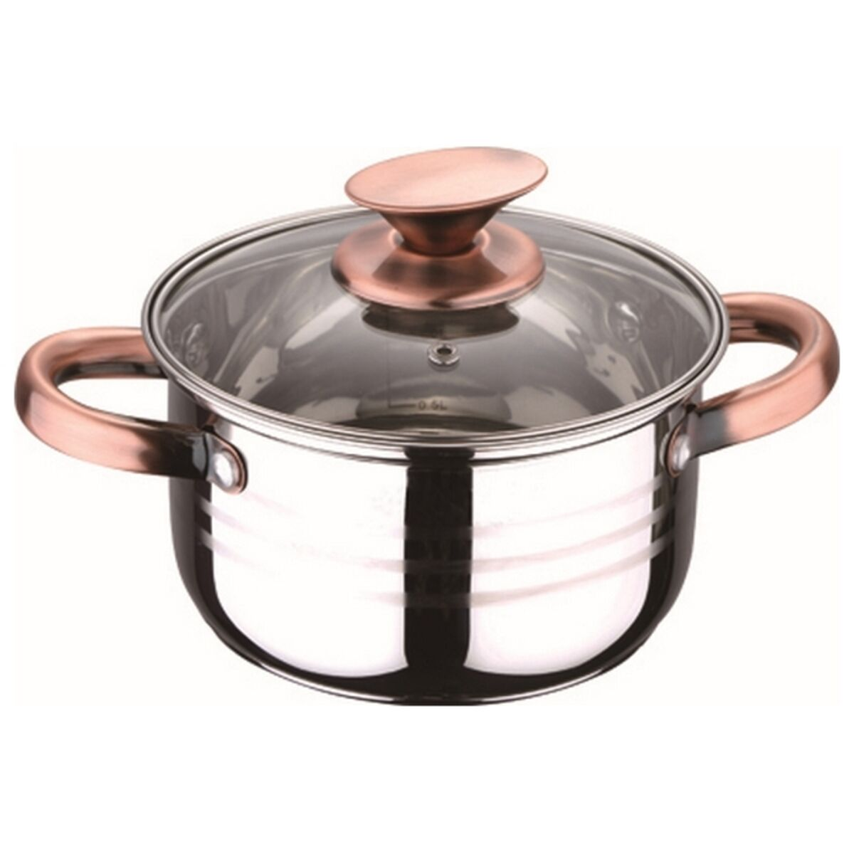 Olla de acero inoxidable con borde, asas y pomo de la tapa de color cobre.