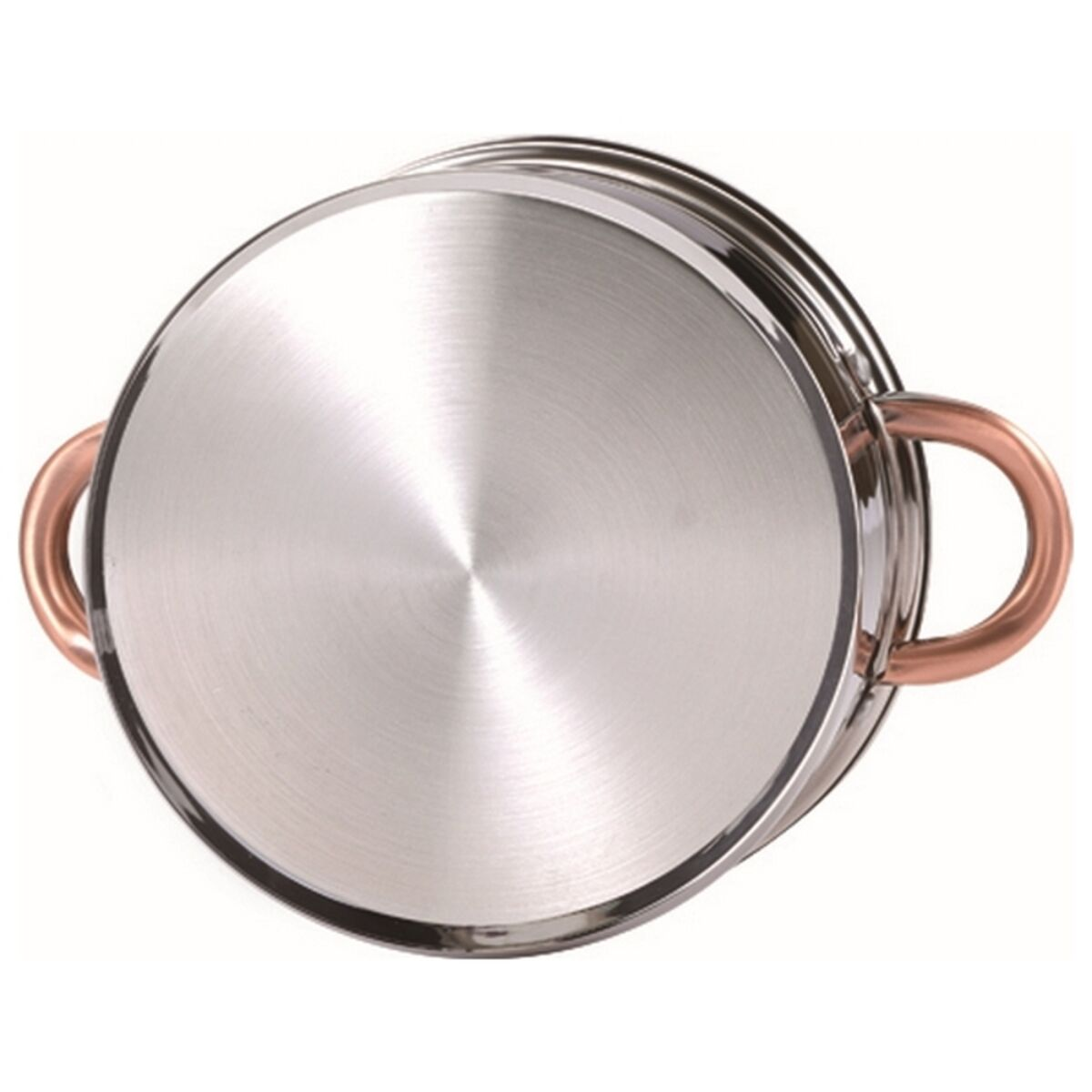 Una olla de acero inoxidable con asas de cobre, aislada sobre blanco.