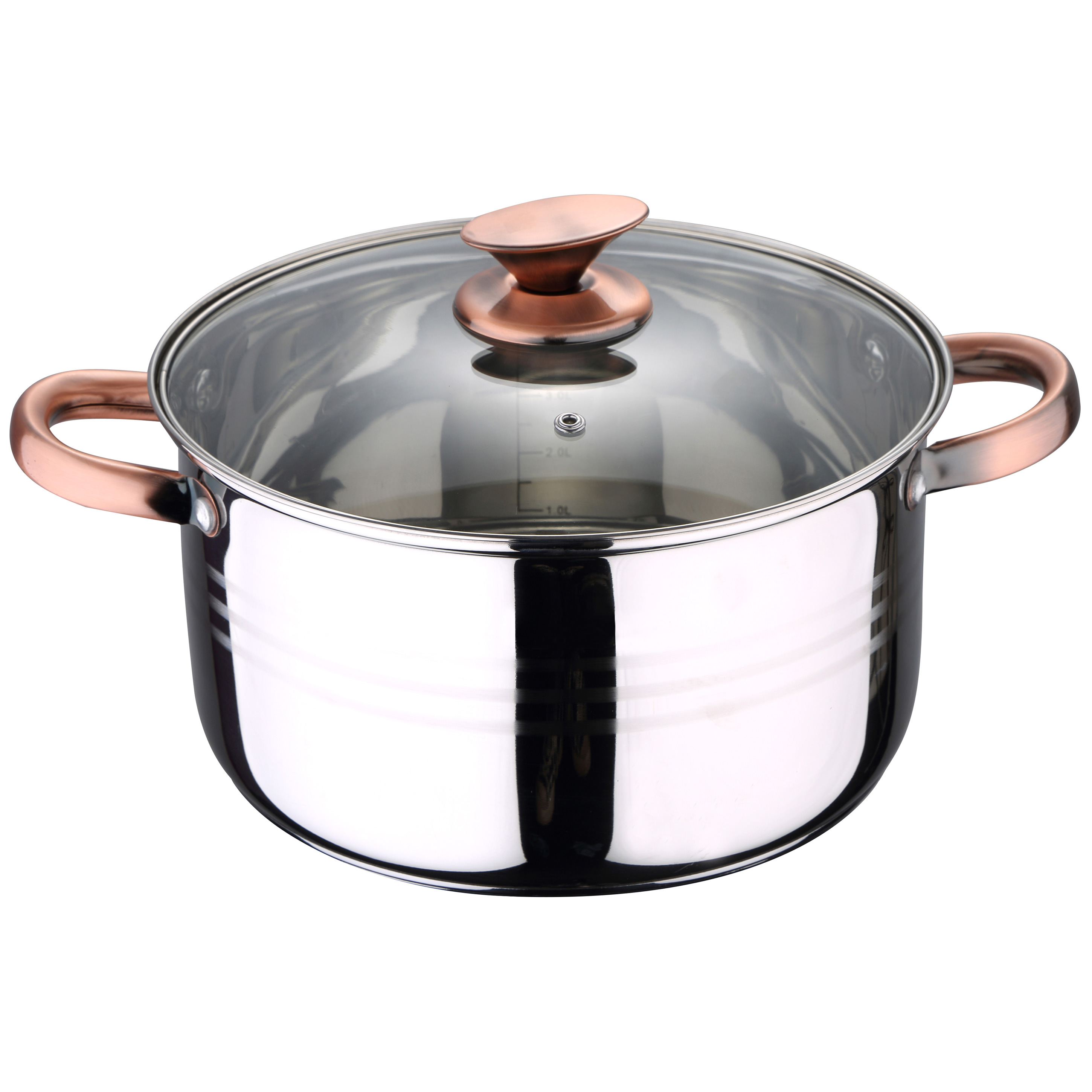 Olla de acero inoxidable con tapa de cristal y asas color cobre.