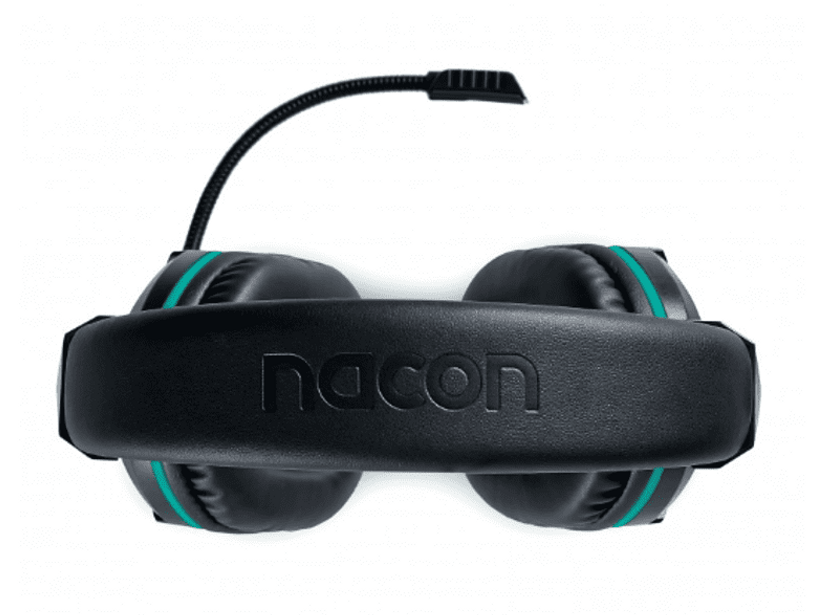 Czarne słuchawki z mikrofonem i turkusowym akcentem na białym tle.