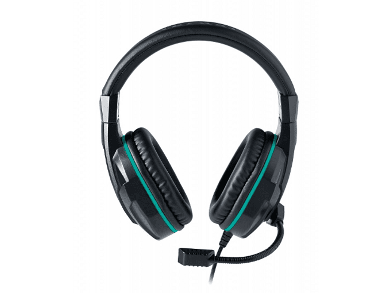 Czarne i zielone słuchawki dla graczy z mikrofonem, na białym tle.