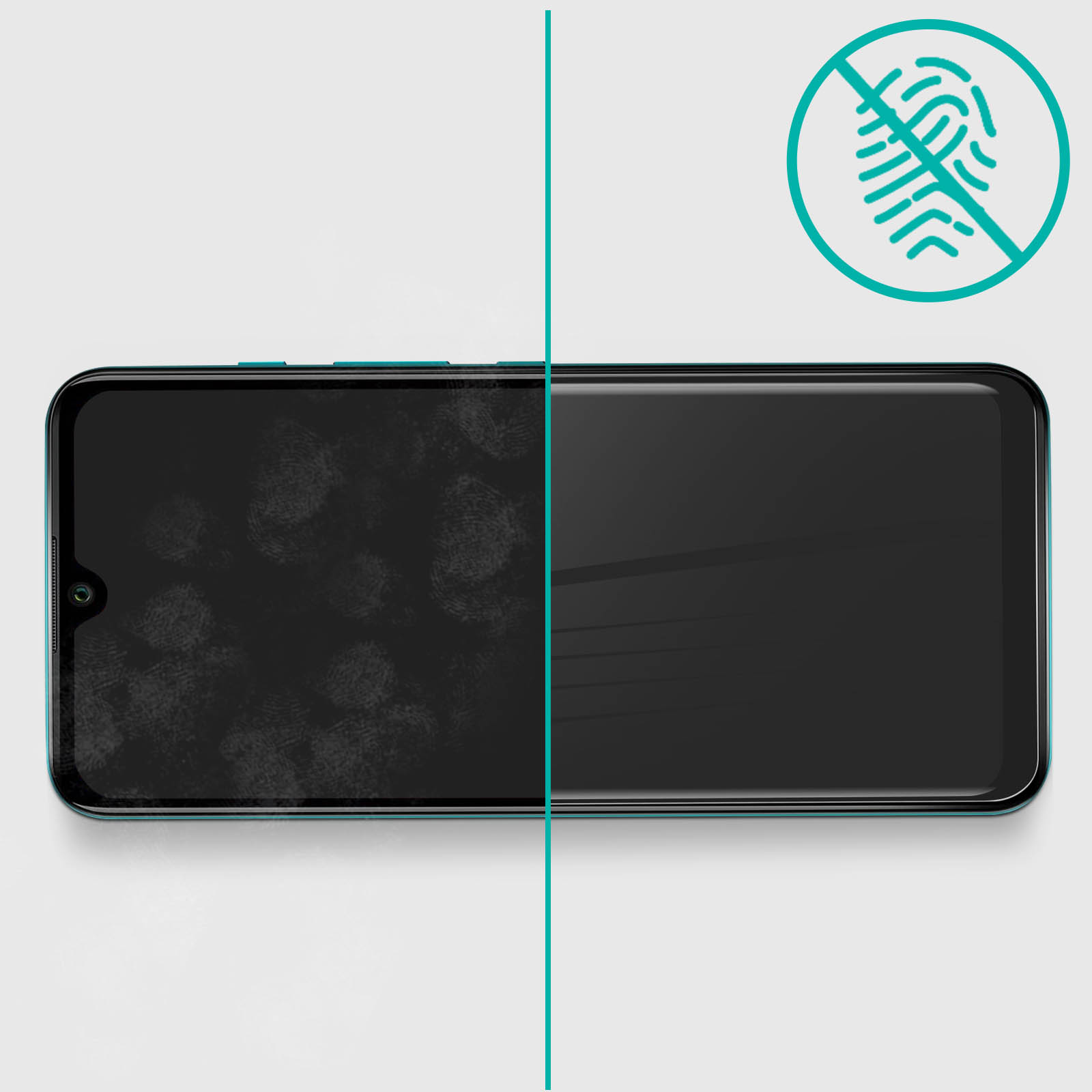 Smartphone-Bildschirm mit Fingerabdrücken links und sauberer rechter Seite, mit kein-Fingerabdruck-Symbol.