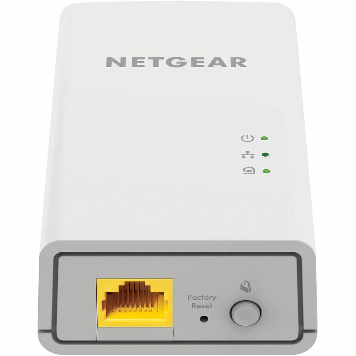 Biały adapter Powerline NETGEAR z diodami, przyciskiem resetowania i portem Ethernet.