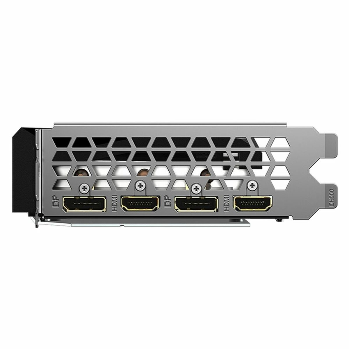Eine graue Grafikkarte mit mehreren DP- und HDMI-Anschlüssen und einer fächerartigen Struktur.