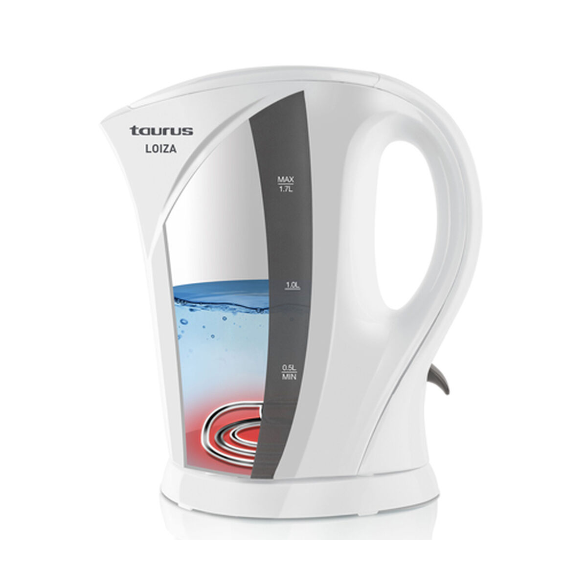 Ein weißer Wasserkocher mit sichtbarer Wasserstandsanzeige und schwarzem Griff. Mit dem Taurus LOIZA Logo.
