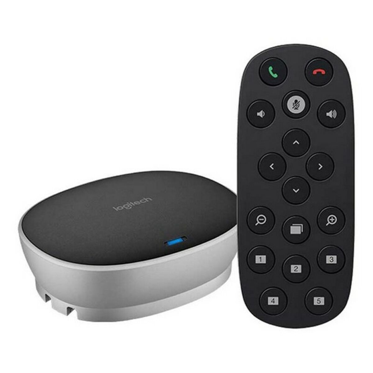 Logitech-Freisprecheinrichtung und Fernbedienung. Schwarz und grau, mit blauem Licht.