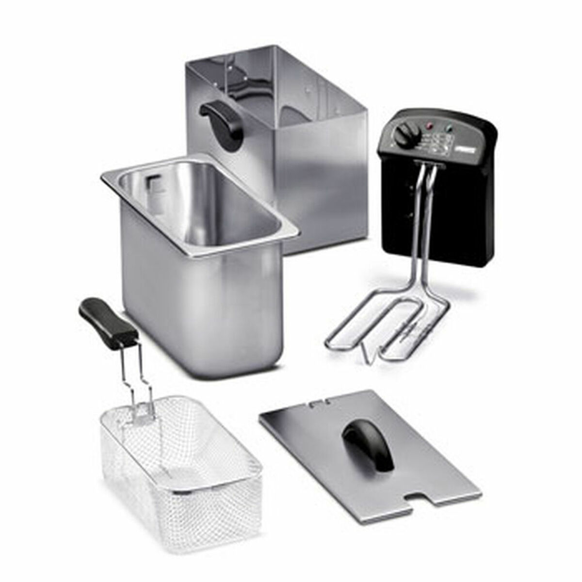 Stainless steel components of a deep fryer, including a basket, container, and control panel.