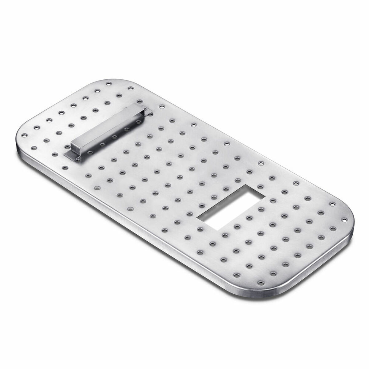 Silver metallic rectangular plate with multiple small holes and a large rectangular hole.