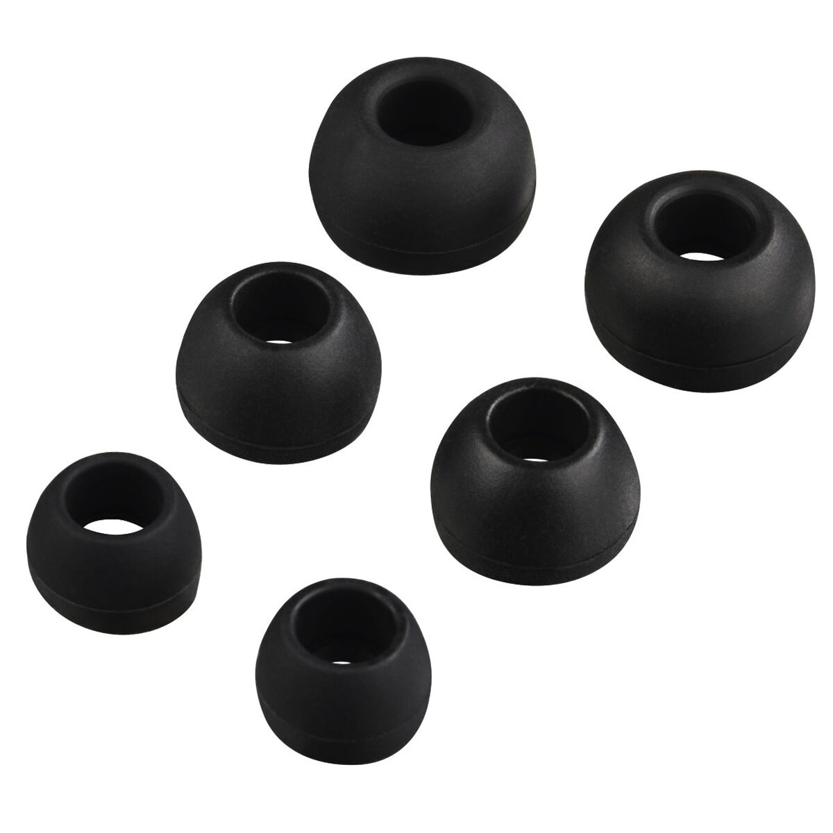 Six embouts d'écouteurs noirs. Fond blanc.