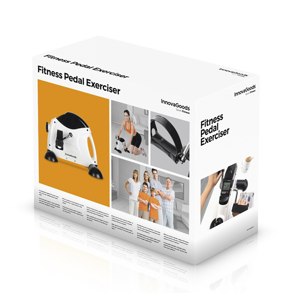 Eine weiße Box mit einem Bild eines Pedal-Trainers und anderen Fitness-bezogenen Bildern sowie Produktdetails.