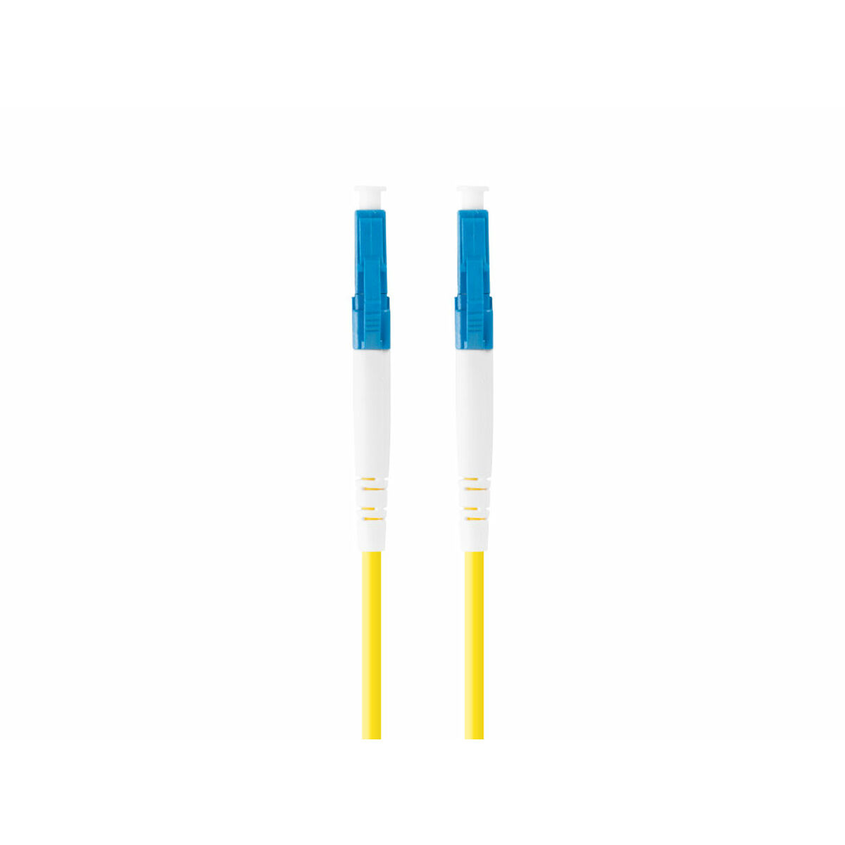 Twee glasvezelkabels met blauw-witte connectoren en gele kabels.