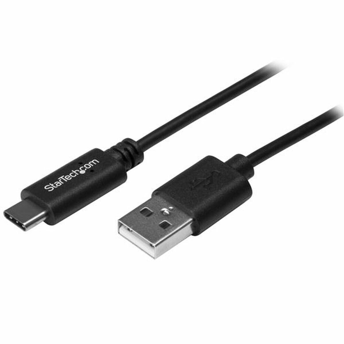 Zwarte USB-C naar USB-kabel. De connectoren zijn zichtbaar, met het StarTech.com-logo.