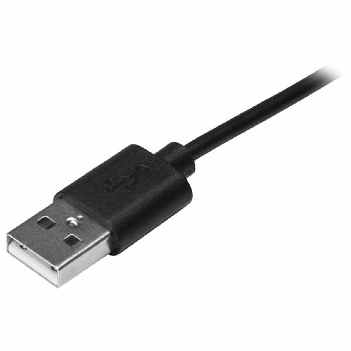 Zwarte USB-kabel met zwarte connector op witte achtergrond.