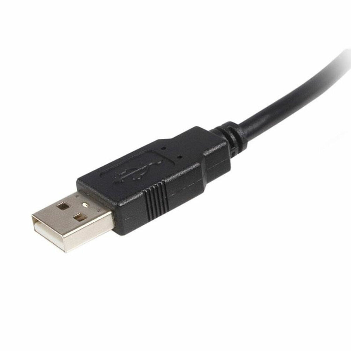 Zwarte USB-connector met rechthoekige kop en zilveren pinnen, op een witte achtergrond.