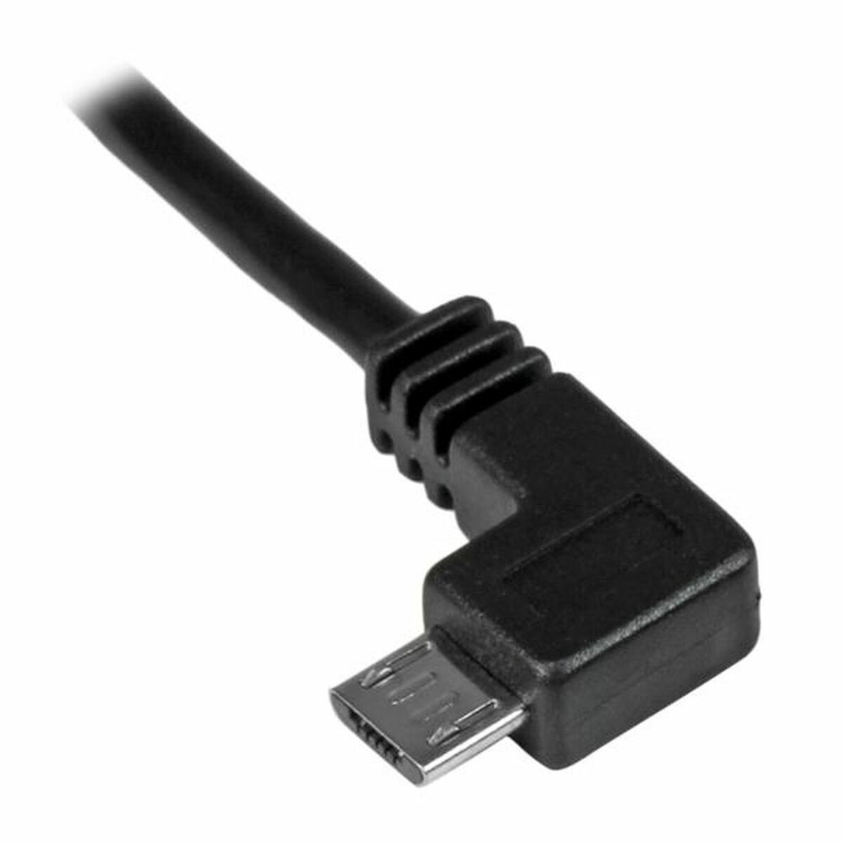Cavo USB nero ad angolo con connettore micro USB. Sfondo bianco.