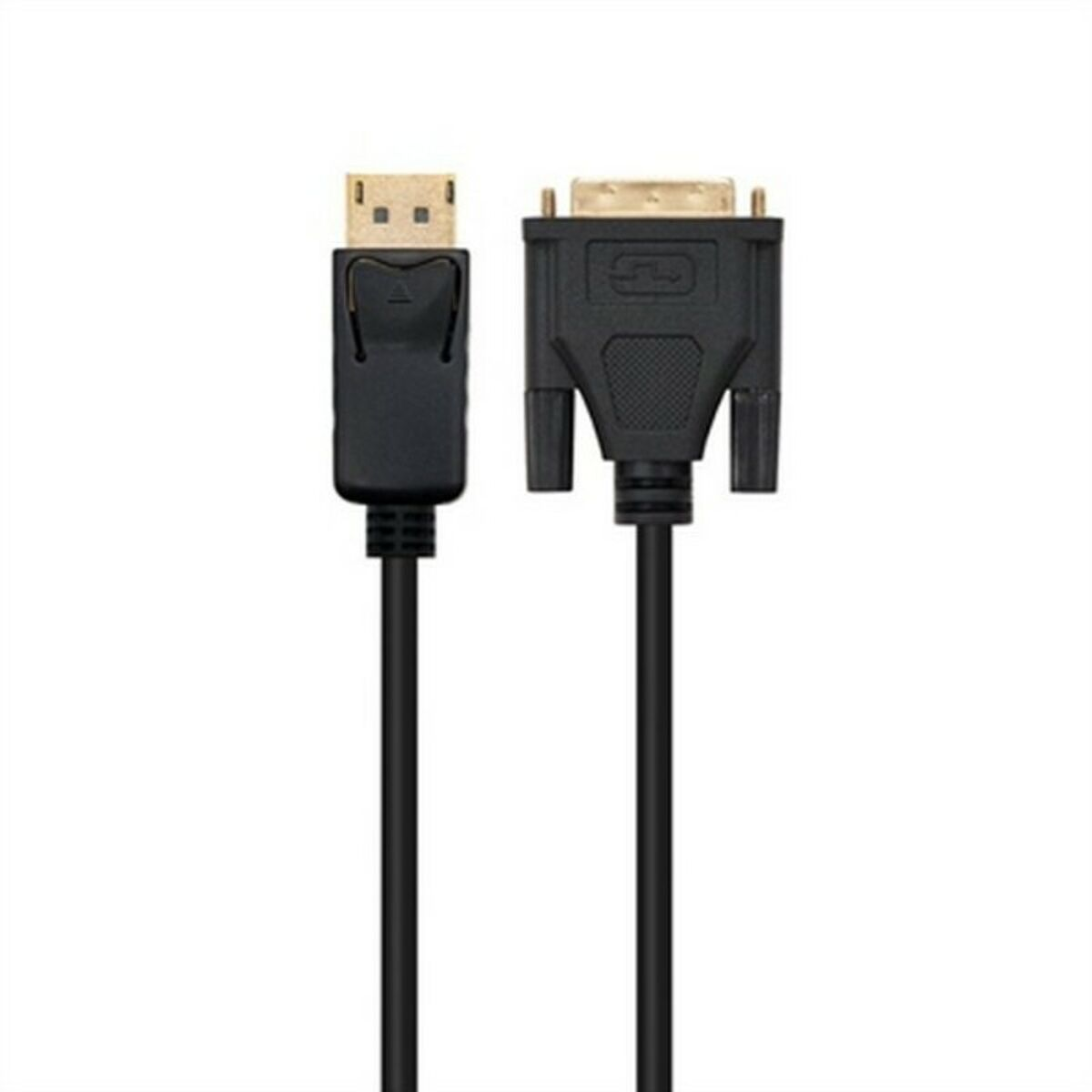 Cavo nero con connettore DisplayPort e DVI. Sfondo bianco.