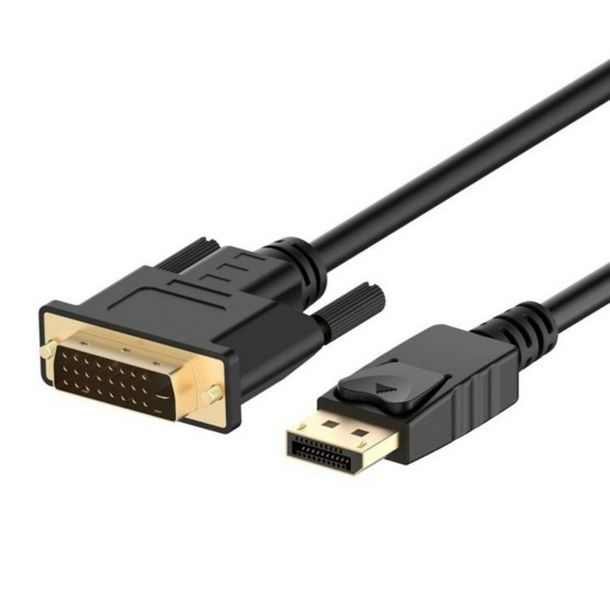 Cavo nero con connettori DVI e DisplayPort. Sfondo bianco.