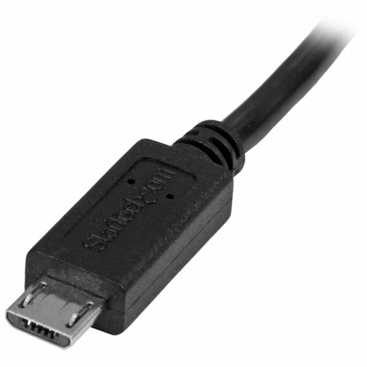 Cable micro USB negro con cabezal rectangular.