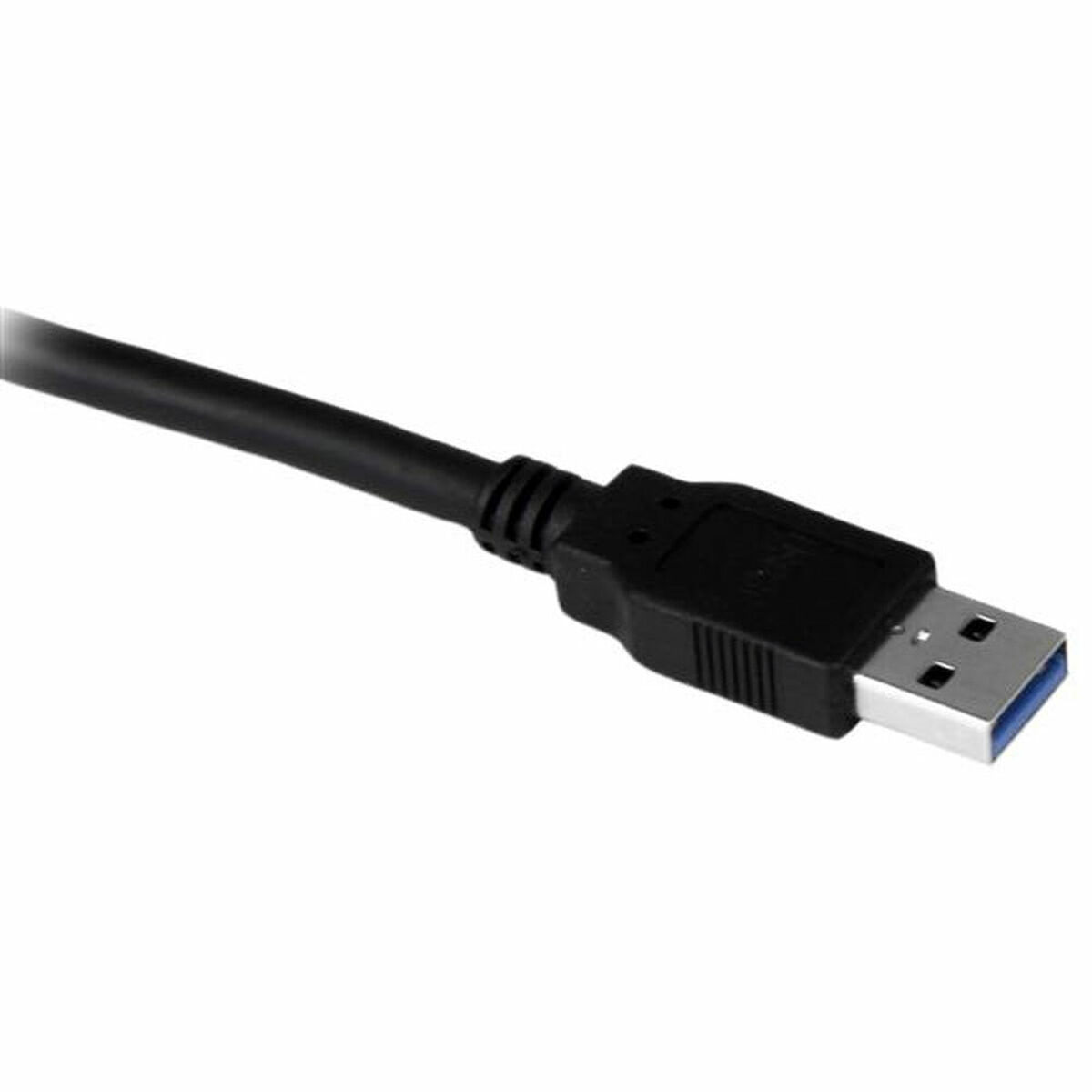 Zwarte USB 3.0-kabel met een blauwe connector op een witte achtergrond.
