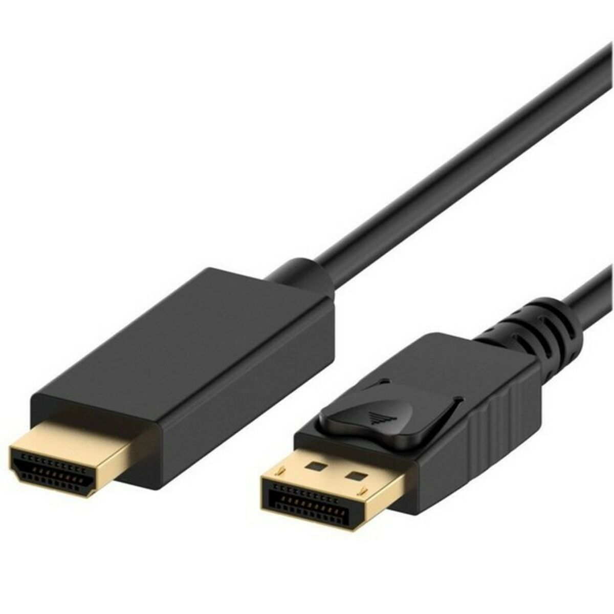 Cavo nero con connettori HDMI e DisplayPort. Sfondo bianco.