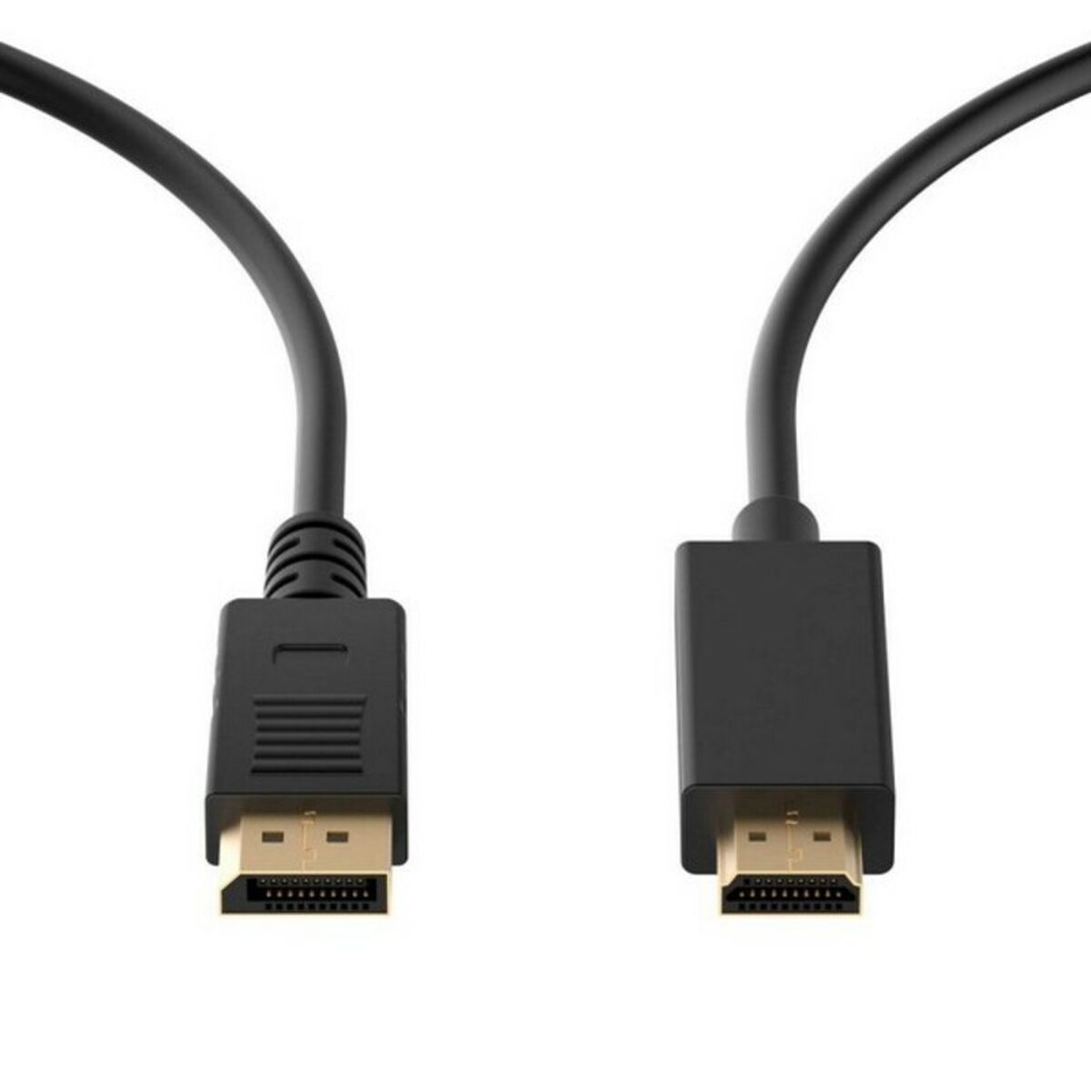 Due cavi HDMI neri con connettori dorati su sfondo bianco.