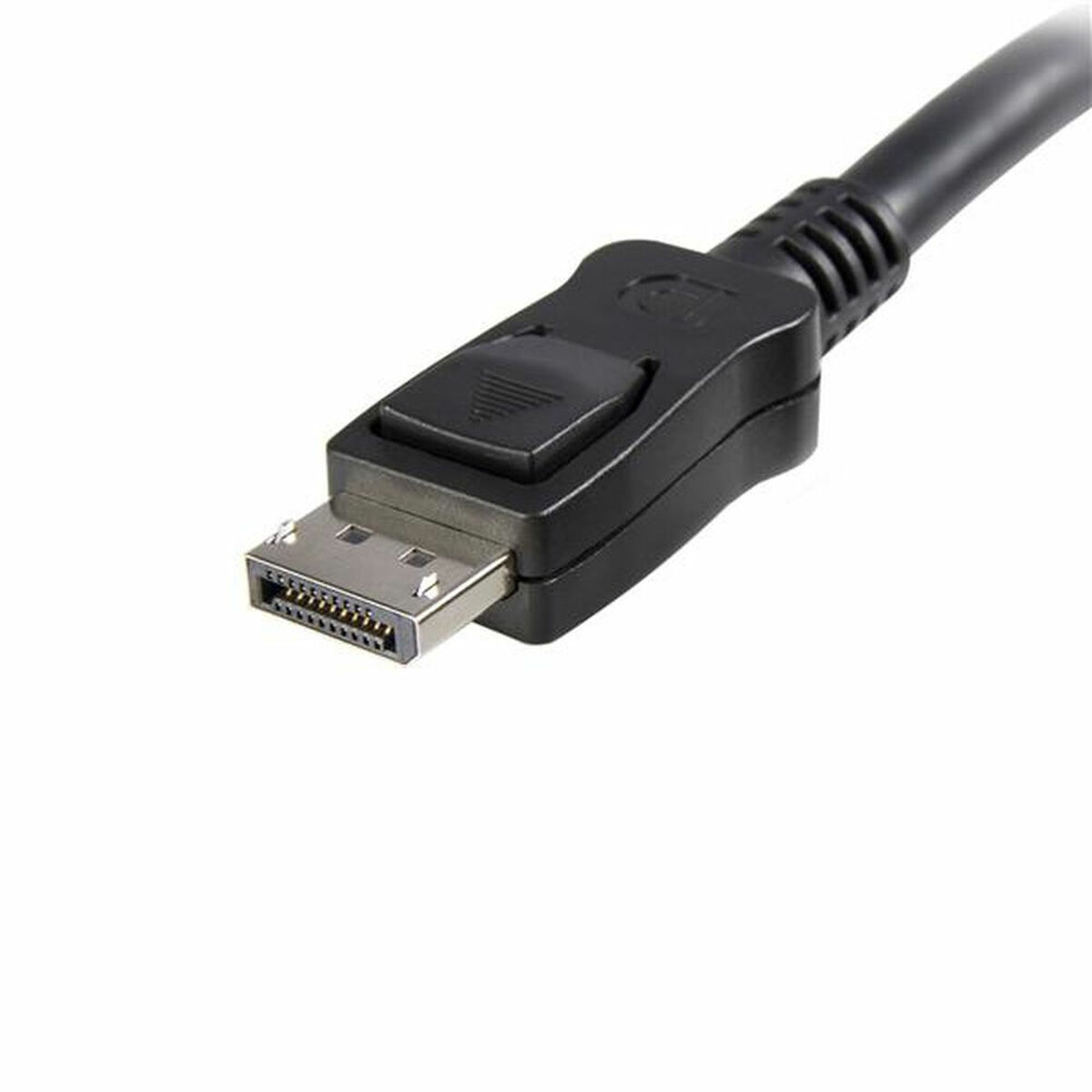 Ein schwarzes DisplayPort-Kabel mit einem silbernen Stecker und einem Entriegelungsknopf.