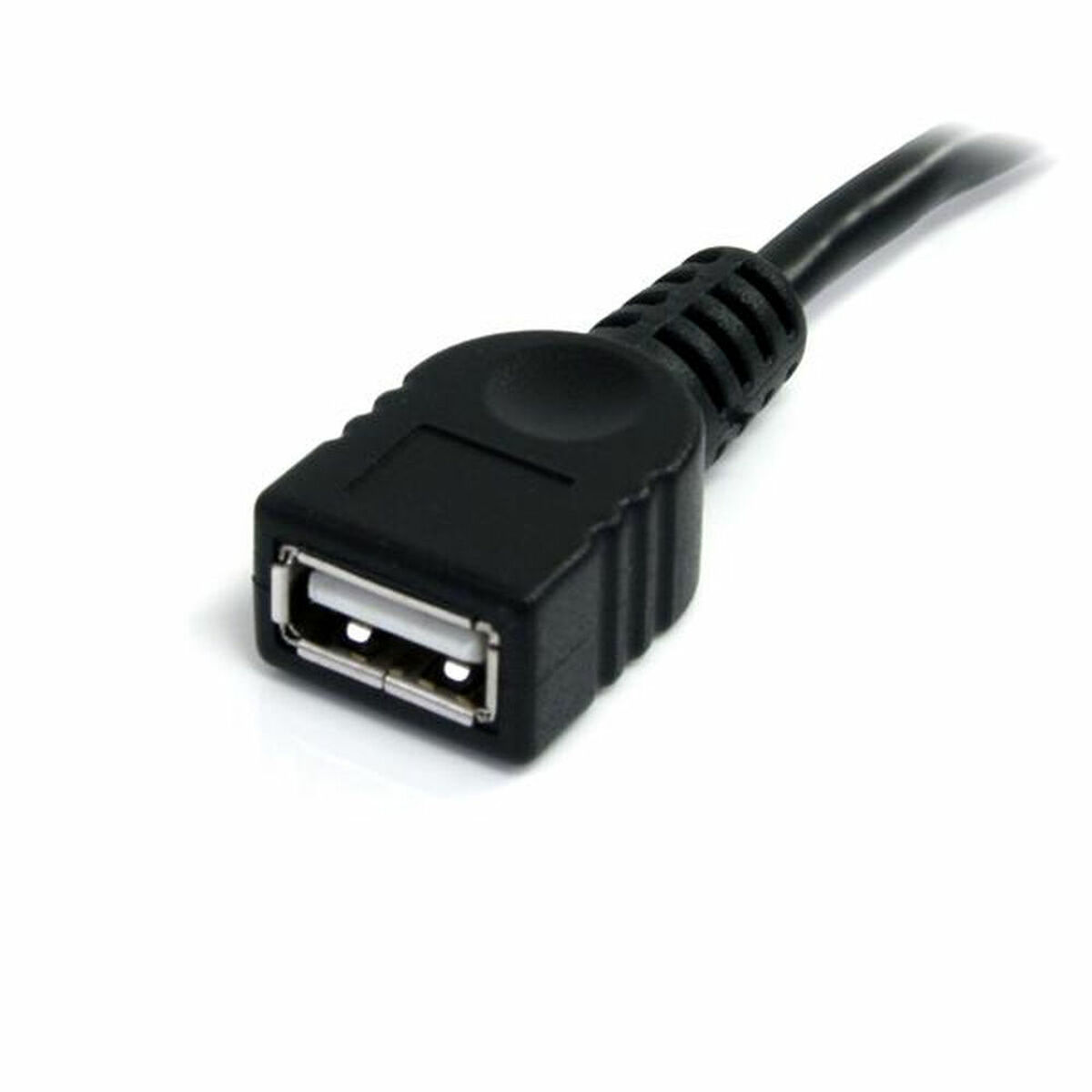 Zwarte USB-aansluiting met witte USB-poort, geïsoleerd op witte achtergrond.