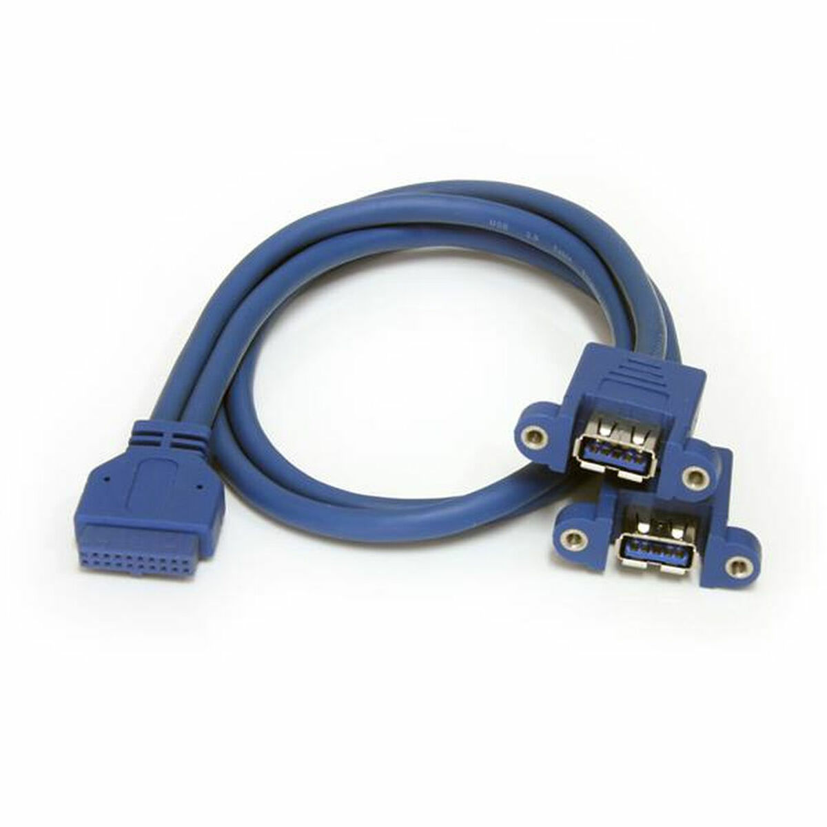 Un cable USB 3.0 azul con dos puertos USB y un conector.