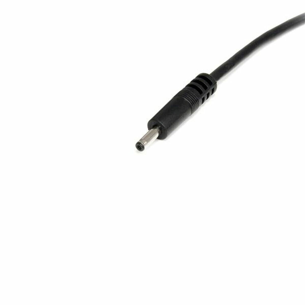 Un cable de alimentación negro con un pequeño conector redondo.