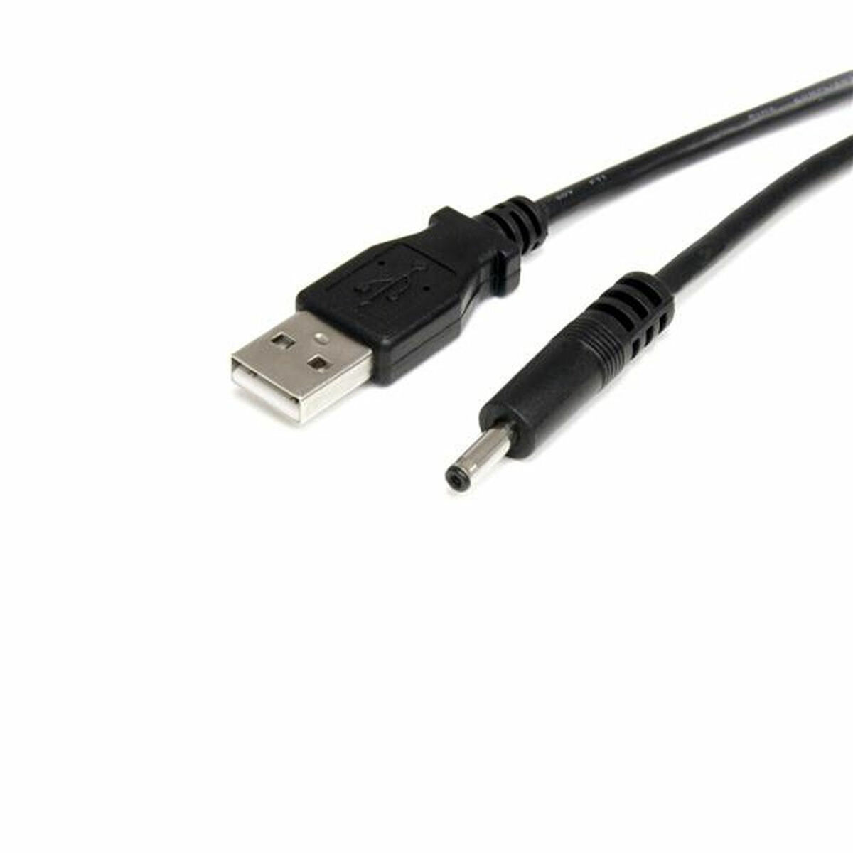 Un cable de alimentación USB a CC. Un extremo es USB, el otro es conector CC.