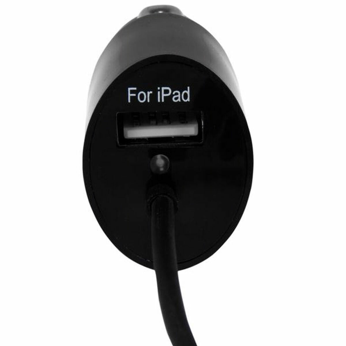 Adaptador de cargador USB negro con la etiqueta 'For iPad' y un puerto USB, aislado sobre fondo blanco.