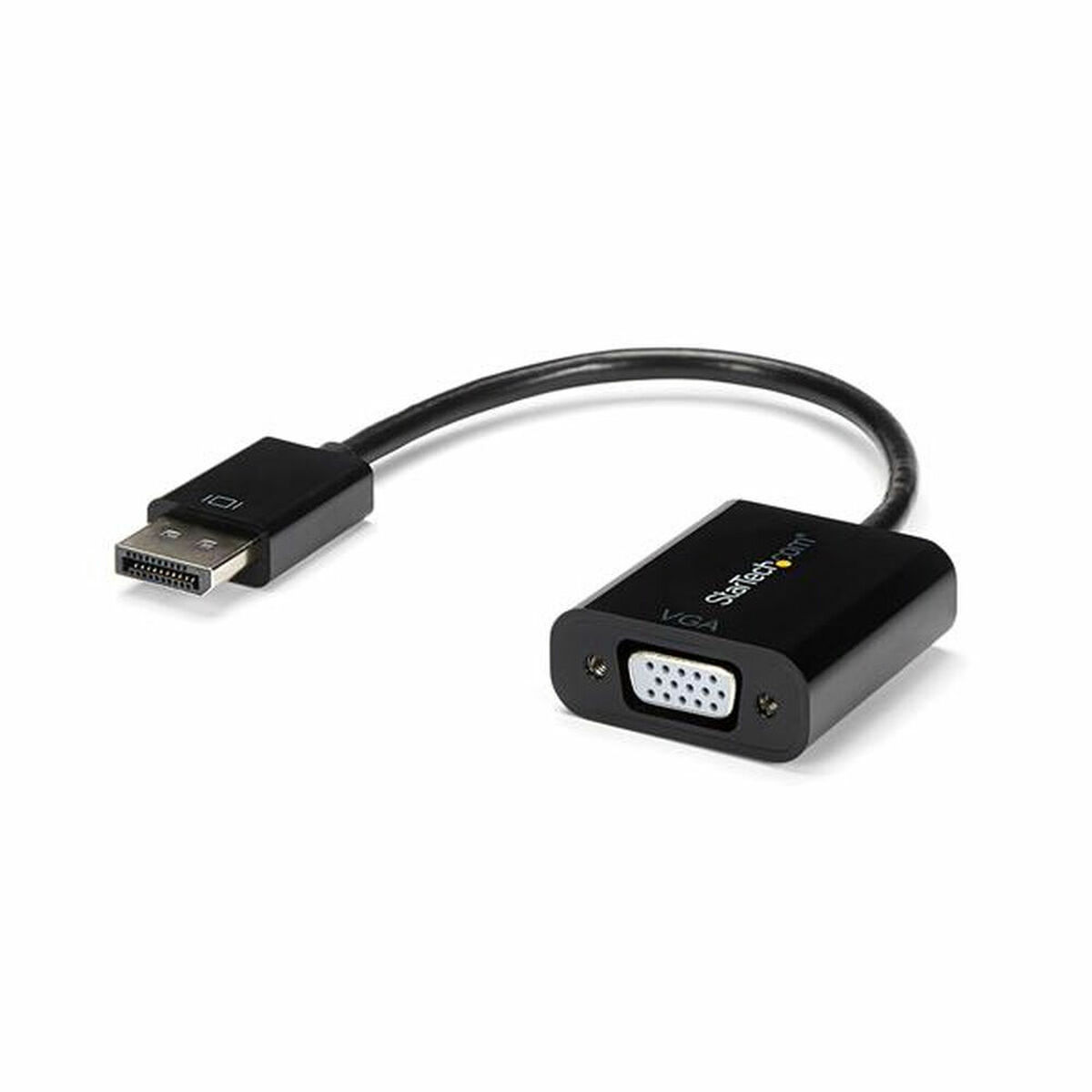 Un adattatore DisplayPort-VGA nero con cavo su sfondo bianco.