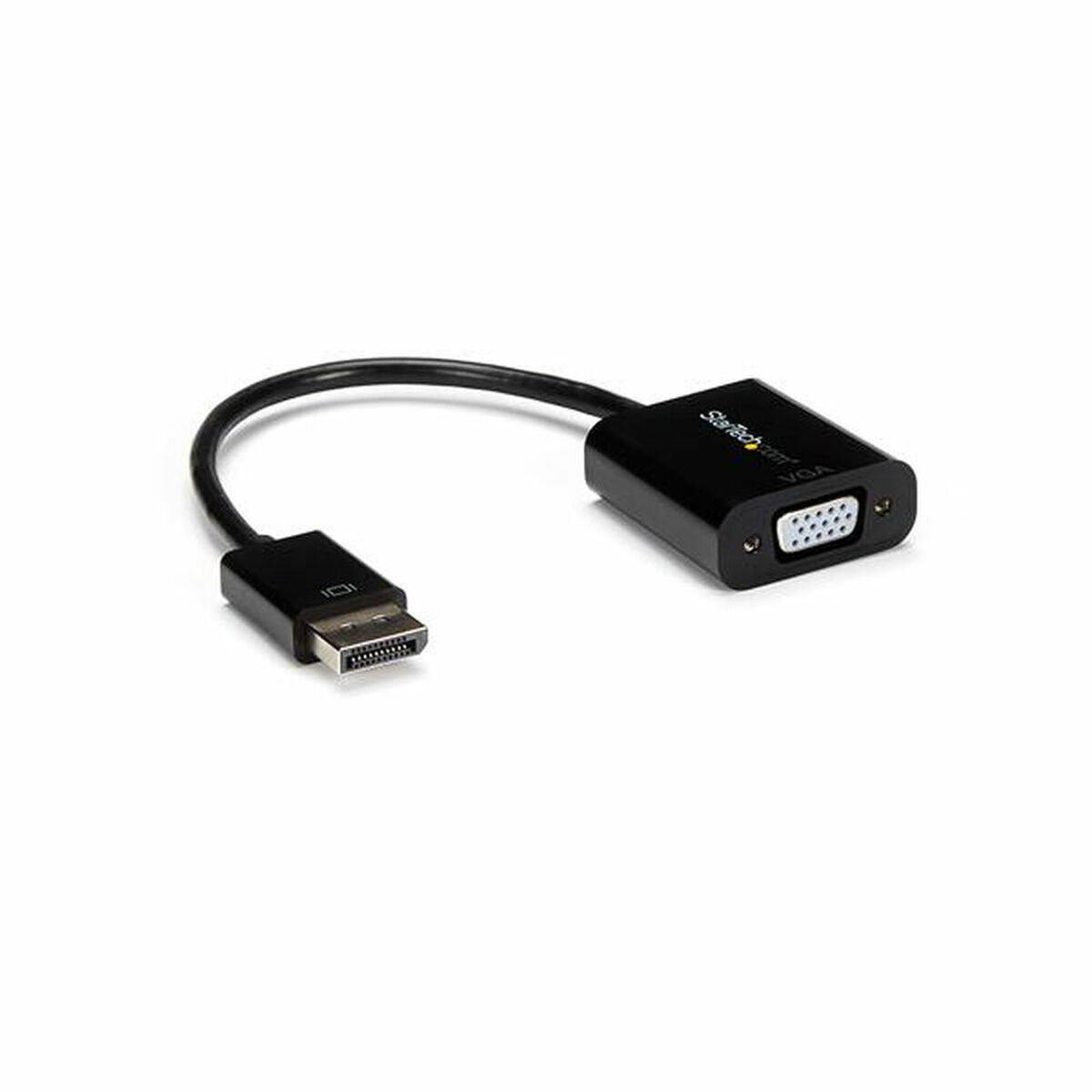 Un cavo adattatore DisplayPort a VGA nero su sfondo bianco.