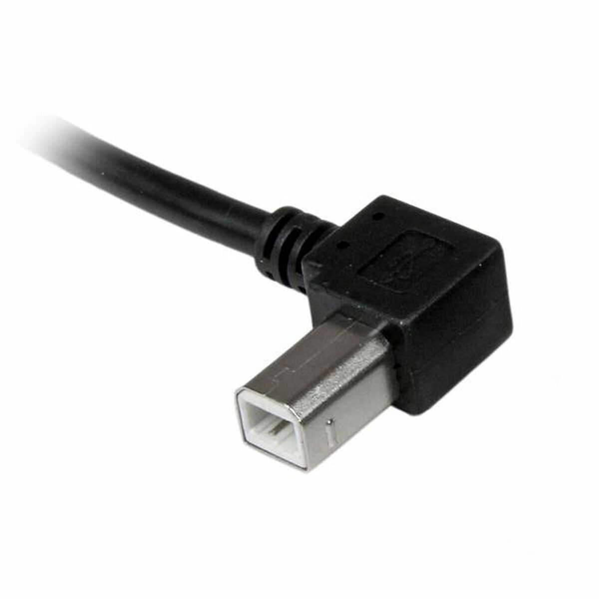Een zwarte USB-kabel met een haakse connector.