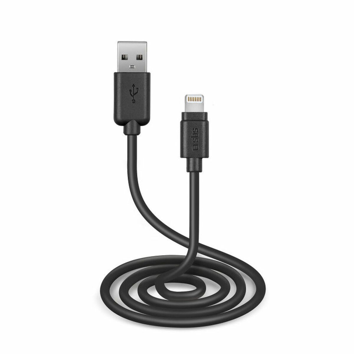 Cavo USB a Lightning nero arrotolato su sfondo bianco.