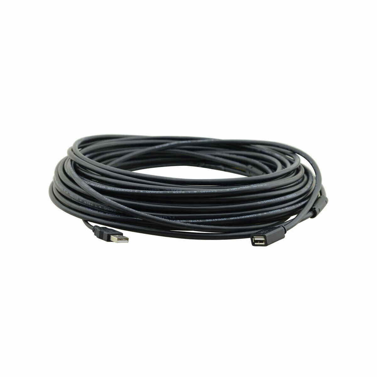 Un cavo USB nero arrotolato, con connettori USB A e B visibili.