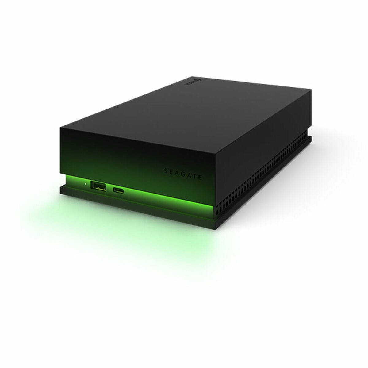 Disco rigido esterno Seagate nero con luce verde sul fondo.