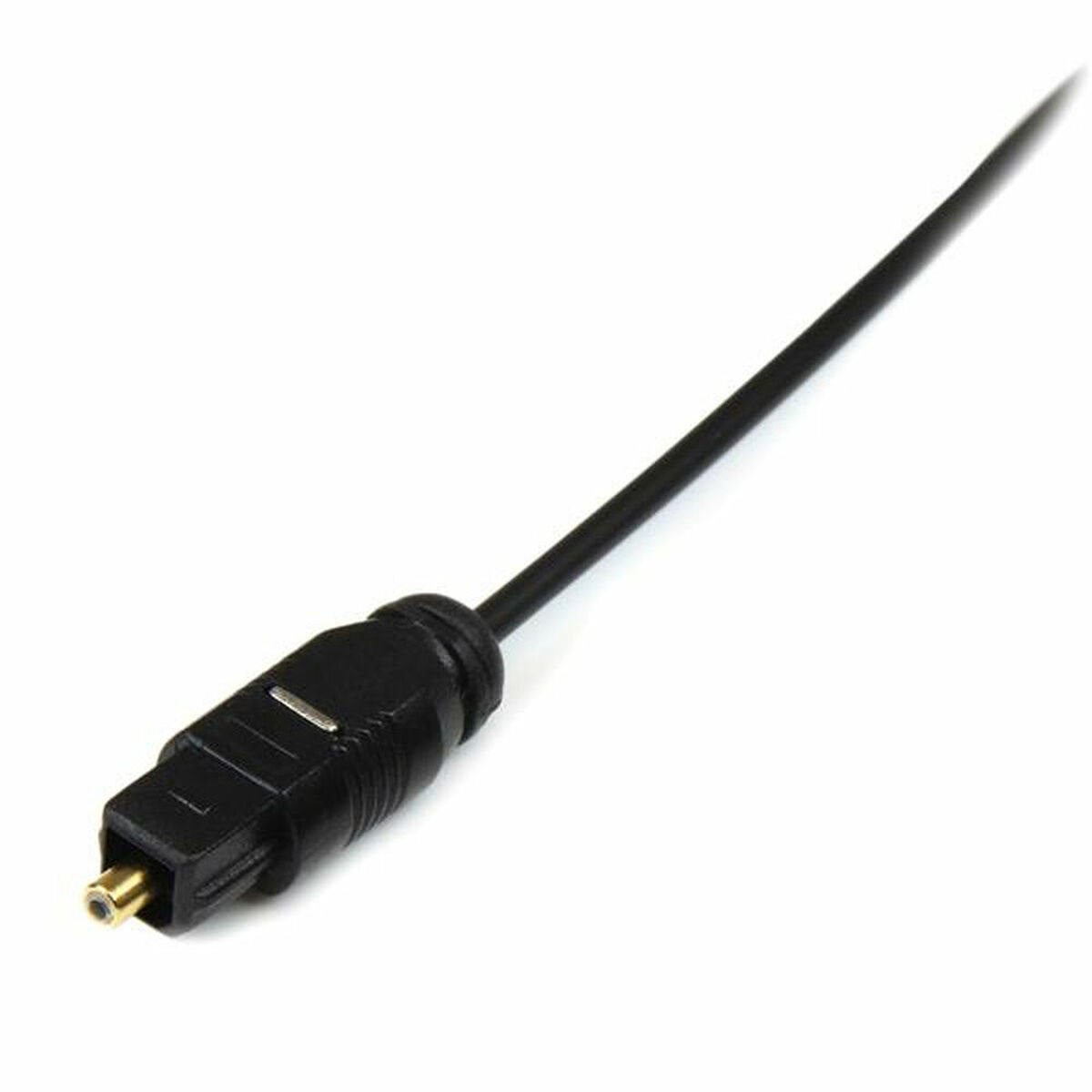 Un cable de audio óptico negro con un conector rectangular en un extremo.