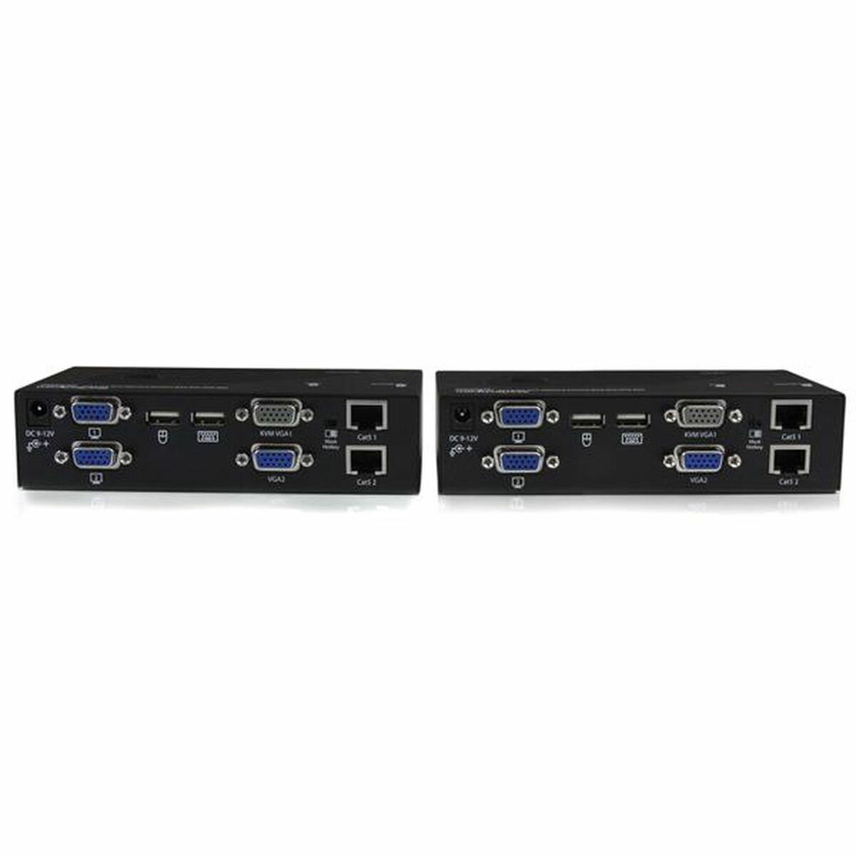 Due dispositivi di rete neri con porte VGA, USB e connessioni di rete.